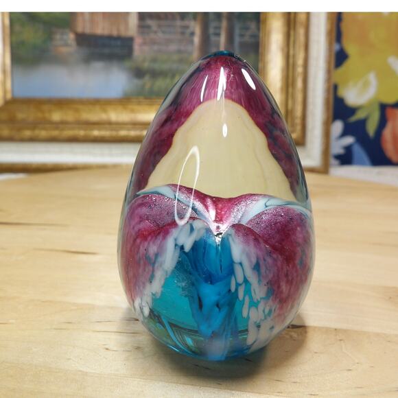Signed GES 1994 Glass Eye Studio Iridescent Egg Paperweight - Picture 1 of 12